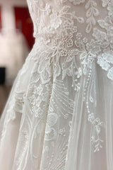 Eenvoudige lange a-line tule tule kant v nek appliques kant open achterkant trouwjurk