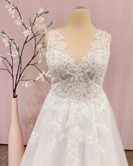 Eenvoudige lange V-hals A-lijn Backless trouwjurk met appliques kant