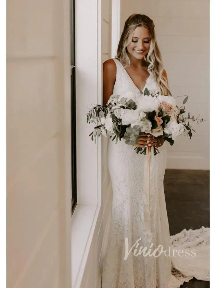 Simple Mermaid Lace Wedding Dresses with Long Train Viniodress VW1069