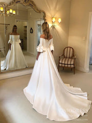 Simple Minimalist Wedding Dresses with Pocket Flare Sleeve Satin Bridal Gown VW1542