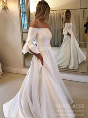 Simple Minimalist Wedding Dresses with Pocket Flare Sleeve Satin Bridal Gown VW1542