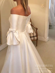 Simple Minimalist Wedding Dresses with Pocket Flare Sleeve Satin Bridal Gown VW1542