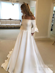 Simple Minimalist Wedding Dresses with Pocket Flare Sleeve Satin Bridal Gown VW1542