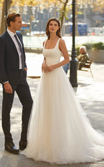 Luciana | Simple A-Line Minimalist Casual Square Tulle Wedding Dress with Sweep Train