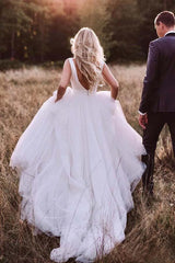 A-line Simple Ivory Tulle Backless Wedding Gowns Wedding Dress