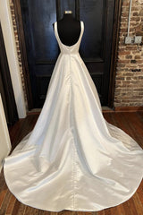 Simple Open Back White Satin Long Prom Dresses, Ivory Satin Long Formal Graduation Evening Dresses