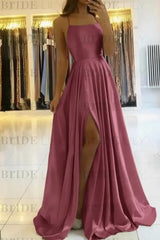 Simple Prom Dress Long With Spaghetti Straps Front Slit Satin Evening Dress