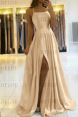 Simple Prom Dress Long With Spaghetti Straps Front Slit Satin Evening Dress