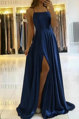 Simple Prom Dress Long With Spaghetti Straps Front Slit Satin Evening Dress