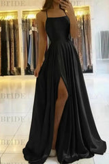 Simple Prom Dress Long With Spaghetti Straps Front Slit Satin Evening Dress