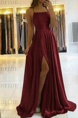 Simple Prom Dress Long With Spaghetti Straps Front Slit Satin Evening Dress