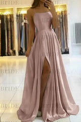 Simple Prom Dress Long With Spaghetti Straps Front Slit Satin Evening Dress