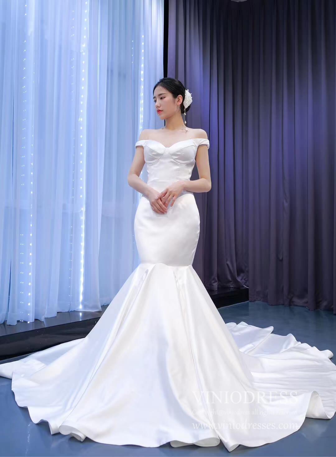 Simple Satin Mermaid Wedding Dresses Off the Shoulder 67299