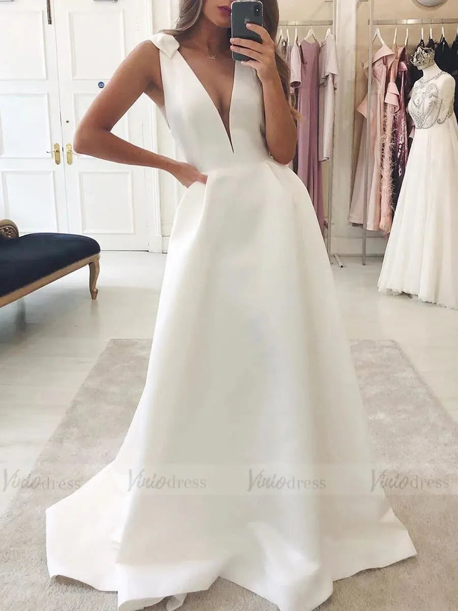Simple Satin Wedding Dresses Plunging V-neck Bridal Dress VW1324