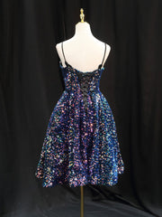 Robe de bal courte bleu simple à paillettes, robe de retour bleue