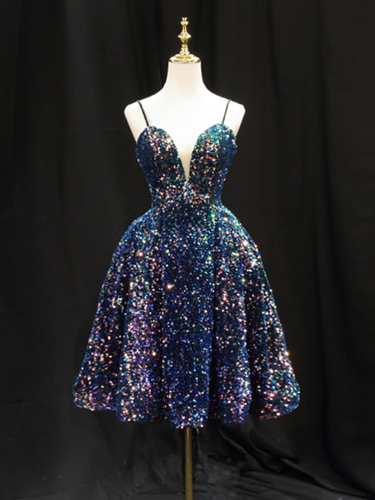 Robe de bal courte bleu simple à paillettes, robe de retour bleue