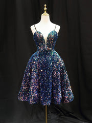 Robe de bal courte bleu simple à paillettes, robe de retour bleue