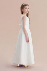 Simple Sleeveless Jewel A-line Flower Girl Dress with Handmade Flowers