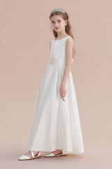 Simple Sleeveless Jewel A-line Flower Girl Dress with Handmade Flowers