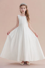 Simple Sleeveless Jewel A-line Flower Girl Dress with Handmade Flowers