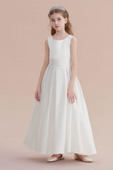 Simple Sleeveless Jewel A-line Flower Girl Dress with Handmade Flowers