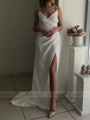 Simple Spaghetti Strap Sheath Beach Wedding Dresses with Slit VW1335
