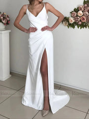 Simple Spaghetti Strap Sheath Beach Wedding Dresses with Slit VW1335