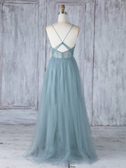 Simple Sweetheart Neck Tulle Lace Long Prom Dresses, Gray Blue Bridesmaid Dresses