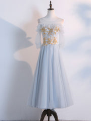 Simple Tulle Lace Gray Prom Dresses, Tea Length Lace Bridesmaid Dresses
