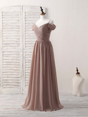Simple V Neck Dark Champagne Chiffon Long Prom Dress, Bridesmaid Dress