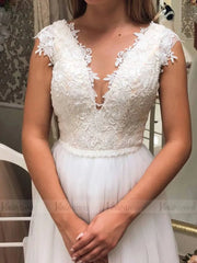Simple V Neck Lace Beach Wedding Dresses Cap Sleeve VW1385