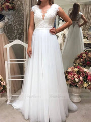 Simple V Neck Lace Beach Wedding Dresses Cap Sleeve VW1385