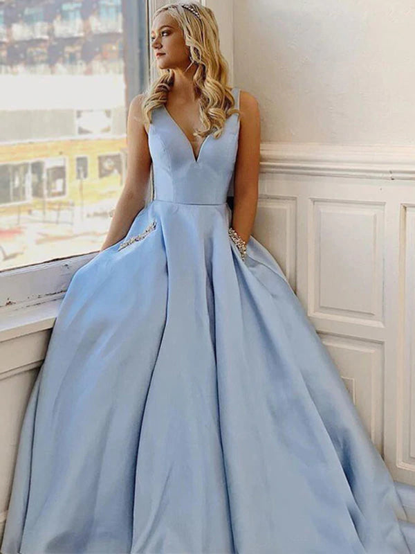 Simple V Neck Light Blue Satin Long Prom Dresses Formal Graduation Evening Dresses