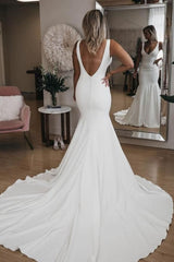 Simple V Neck Mermaid with Long Train Sexy Backless Beach Wedding Dress