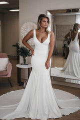 Simple V Neck Mermaid with Long Train Sexy Backless Beach Wedding Dress