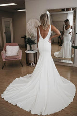 Simple V Neck Mermaid with Long Train Sexy Backless Beach Wedding Dress