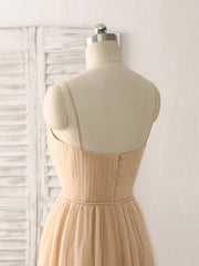 Simple V Neck Tulle Chiffon Long Prom Dress Champagne Bridesmaid Dress