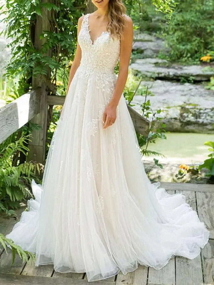 Simple Wedding Dress A Line V Neck Sleeveless Floor Length Beach Bridal Dresses With Train