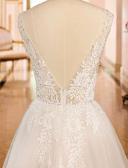 Simple A Line V Neck Wedding Dress Sleeveless Lace Appliqued Tulle Bridal Gown