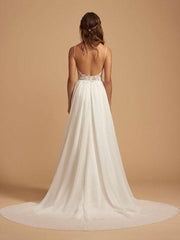 Simple Wedding Dress 2021 A Line V Neck Straps Sleeveless Lace Chiffon Bridal Dresses With Train For Beach Party