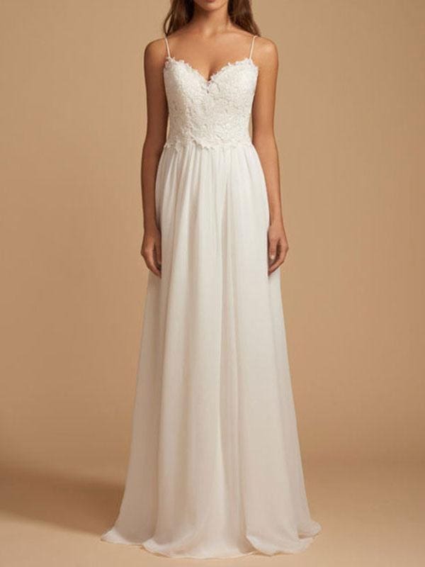Simple Wedding Dress 2021 A Line V Neck Straps Sleeveless Lace Chiffon Bridal Dresses With Train For Beach Party