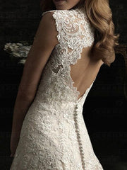 Simple Wedding Dress Lace V Neck Sleeveless Floor Length Backless Tulle Bridal Gowns With Train