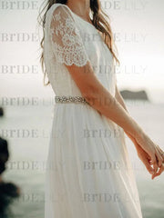 Simple Wedding Dress A Line Jewel Lace Short Sleeves Chiffon Beach Bridal Gowns