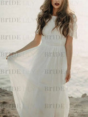 Simple Wedding Dress A Line Jewel Lace Short Sleeves Chiffon Beach Bridal Gowns