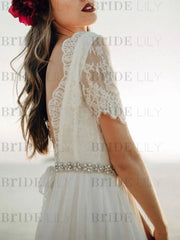 Simple Wedding Dress A Line Jewel Lace Short Sleeves Chiffon Beach Bridal Gowns