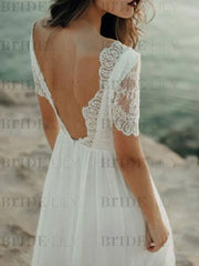 Simple Wedding Dress A Line Jewel Lace Short Sleeves Chiffon Beach Bridal Gowns