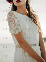 Simple Wedding Dress A Line Jewel Lace Short Sleeves Chiffon Beach Bridal Gowns
