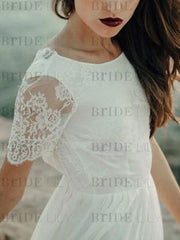 Simple Wedding Dress A Line Jewel Lace Short Sleeves Chiffon Beach Bridal Gowns