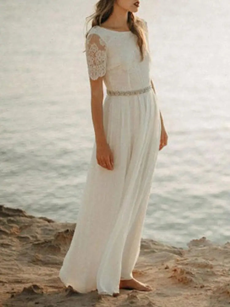 Simple Wedding Dress A Line Jewel Lace Short Sleeves Chiffon Beach Bridal Gowns