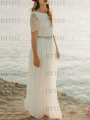Simple Wedding Dress A Line Jewel Lace Short Sleeves Chiffon Beach Bridal Gowns